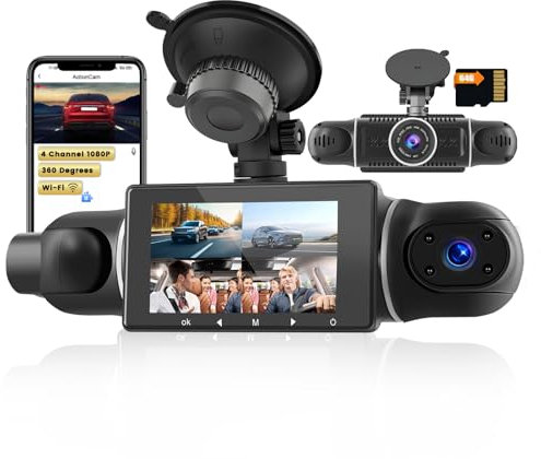 Inefala WiFi Dashcam de 360°, Dash CAM Coche con 4 Camaras FHD 1080P Delantera y Trasera Izquierda Derecha, Camara Coche Grabadora con Tarjeta SD de 64GB Grabación en Bucle Sensor G Visión Nocturna
