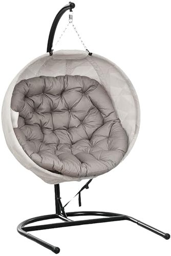 Outsunny Silla Colgante Huevo con Soporte Columpio de Jardín Exterior con Cesta Plegable de Malla Doble Cojín y Portavasos Columpio Colgante para Interior y Exterior Carga 120 kg Arena y Negro