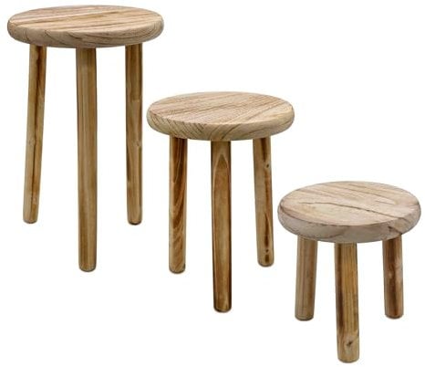 Holz Blumenhocker mit 3 Beinen geflammt 3er Set - 20 / 23 / 25 cm - Massivholz Deko Hocker rund klein im Used Look - Landhaus Pflanzenhocker Blumenständer Pflanzenständer Podest für Zimmerpflanzen