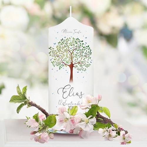 Wandtattoo Loft Taufkerze Junge personalisierte Patenkerze, Motiv mit Lebensbaum, 18cm x 7cm, personalisierte Kerze, bedruckte Kerze zur Taufe, Stumpenkerze, individuelles Taufgeschenk