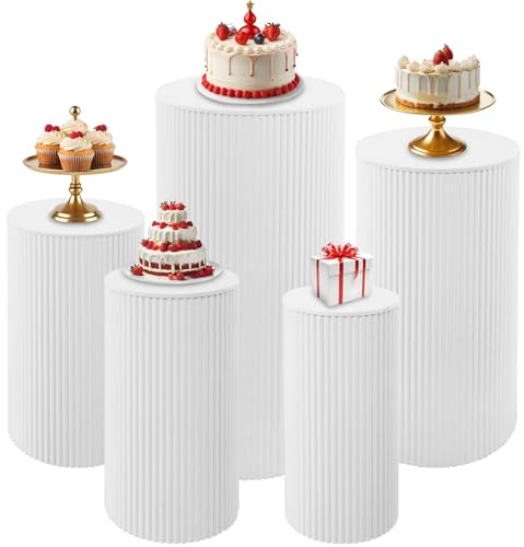 5 Pcs Metal Pleated Cylinder Pedestal Stands for Party, Heavy Duty White Round Cake Pedestal Stand Flower Plant Display Plinth Pillars for Wedding Birthday Event Decor