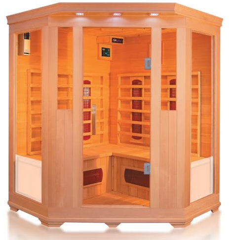 Infrarotkabine Trondheim Beta für 4 Personen – Hemlock-Holz, Tiefenwärmestrahler, Bluetooth-Soundsystem, Farblichttherapie, Aromatherapie & Ozondesinfektion – Energiesparend & einfach zu montieren