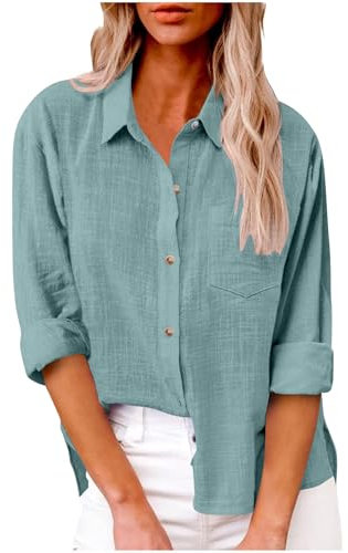 Womens Long Sleeve Shirt Tops Casual Button Down Cotton Linen Shirts Summer Blouses V Neck Roll Up Collared Loose Oversized Tees Dressy Blouse Office Work Ladies Tops Plus Size 8-22 Sky Blue