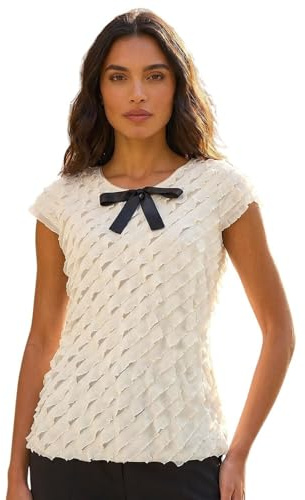 Roman Originals Bow Front Frilled Top for Women UK - Ladies Everyday Holiday Spring Summer Round Neckline Comfy Soft Evening Vacation Work Party - Cream - Size 16