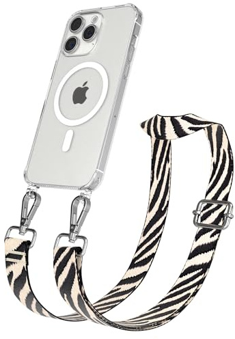 EAZY CASE Handykette - Verstellbares Taschenband kompatibel mit iPhone 15 Pro Max, Schulterriemen, Handykordel mit Silikon Hülle, Qi Charging kompatibel, Umhängetasche, Zebra - Schwarz Beige Silber
