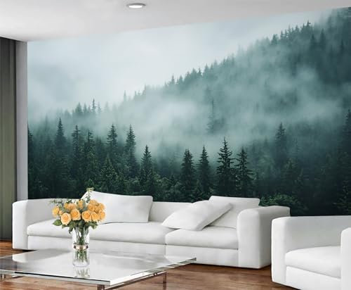 GIVLWF Papier peint forêt brumeuse, papier peint à décoller et à coller pour chambre à coucher, papier peint nature rustique pour salon, forêt brumeuse, grande décoration murale de montagne et