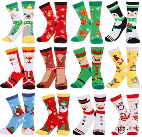 JOFONY 12 Paar Weihnachtssocken, Christmas Socks für Damen und Herren, bunte Weihnachten Kuschelsocken, Weihnachtsmotiv Festlicher Socken für Weihnachtsgeschenke(Größe 35-42)