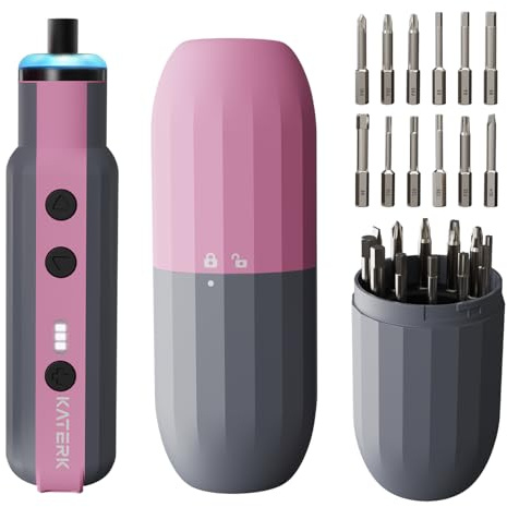 Katerk Mini Cacciavite Elettrico, Mini Avvitatore a Batteria con 12 Punte, Punte in Acciaio S2,1500 mAh, Luce LED, Set Cacciaviti Precisione per Laptop, Occhiali, Orologi e Riparazioni (Rosa)