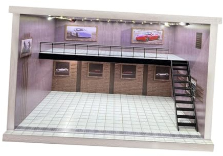 AlluraPet 1/18 Garage Diecast Vitrine Acryl mit Lichtern Staubdichte Mini Diecast Auto Aufbewahrungsbox für Modellsammlung, Spielzeugautos, Reparaturwerkstatt- Style E