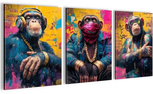 Novart Wandbilder Set 3 Affen - KOMPLETT AUFHÄNGFERTIG - Wohnzimmer Schlafzimmer Büro Deko - 3 Moderne Bilder Street Art - N040535a