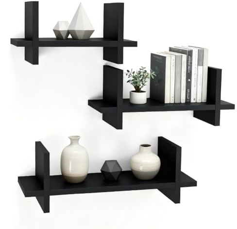 LUPATDY Mensole da Muro, Set di 3 in Legno Massello, Mensole Galleggianti 26/32/40 cm, Portata 7 kg, per Libri e Decorazioni, per Bagno Cucina Camera Soggiorno, Colore Nero