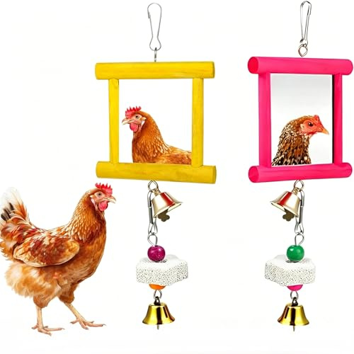 2pcs Chicken Toys For Hens, Hanging Bell Parrot Chicken Swing Mirror