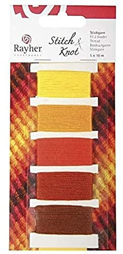 Rayher 53564210 Baumwoll-Garn Stitch & Knot, Orange/Gelbtöne, 5 Farben je 10 m (50 m), Kreuzstich-Garnset, Stickgarn Set, Knüpfgarn, Garn für Freundschaftsbänder