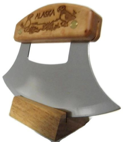 Alaskan Inupiat Style Ulu mit Papageientaucher, geätzter Birkenholzgriff, 6,25