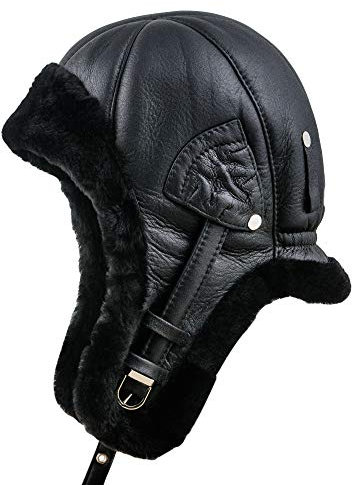 Sterkowski Bomber Aviatormütze | Hochwertige Lamfell Wintermütze | pilotenmütze Herren wintermütze Herren russische mütze Damen mütze jagdhut Herren Ushanka Herren Flieger Cap 61 cm Schwarz