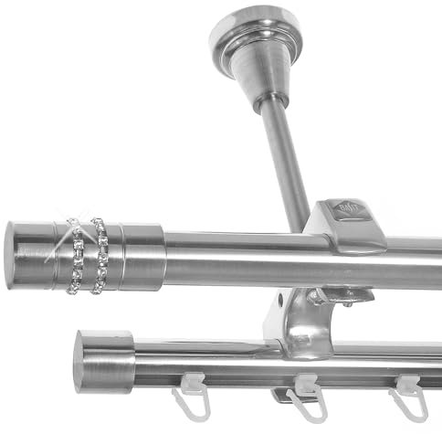 BASIT Rohr + Innenlauf Gardinenstange Deckenmontage 2 läufig 600cm lang Edelstahl Look Metall Gardinenstange 2 läufig Deckenbefestigung Ø20mm I D61 RI