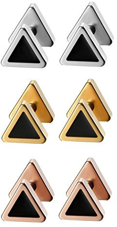3 Paare Hantel Ohrstecker Herren Ohrringe Set Männer Cupimatch Ohr Schmuck Edelstahl Triangle 6mm für Man Jungen, Silber Gold Rosegold