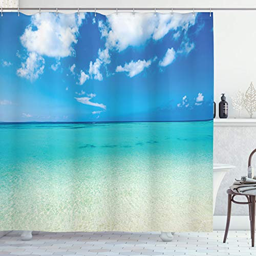 ABAKUHAUS Sommer Duschvorhang, Ozean Dreamy Sea Beach, Stoffliches Gewebe Badezimmerdekorationsset mit Haken, 175 x 240 cm, Türkis Blau