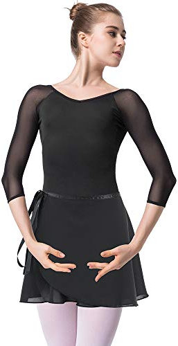 Bezioner Ballettanzug Mädchen 3/4 Arm Gymnastikanzug Damen Trikot Turnanzug (Schwarz mit Rock, XXL=165cm-170cm)