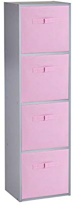 URBNLIVING Wooden Bookcase Grey 4 Tier + 4 Light Pink Drawer