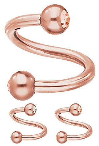 Treuheld® | Rosegoldene Piercing Spirale mit 2 Kristallen - [04.] 1.2 x 6 mm (Kugeln: 2.5mm) - pfirsich