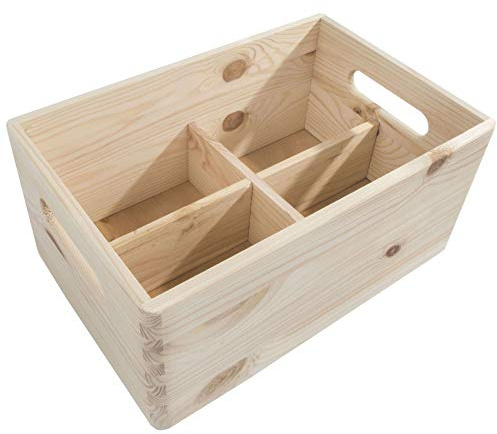 WooDeeDoo Medium Wooden Storage Crate with Removable Dividers – Stackable Unfinished Pine Box with 4 Compartments for Craft Supplies Kitchen Drawers Workshop Pantry Tools DIY – 29.5 x 19.5 x 13 cm