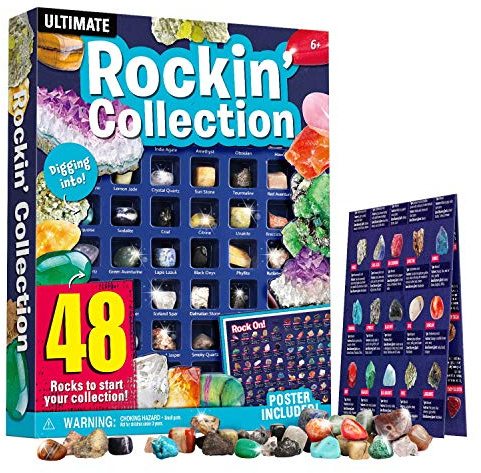 Dr. Daz Gem Collection - Kit de 48 piezas de minerales de roca para niños con hoja de identificación educativa, piedras preciosas de cuarzo de cristal, piedras de pirita