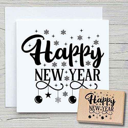 NEWSTAMPS Stempel Happy New Year Motivstempel aus Holz & Gummi zum Karten und Geschenke basteln, Holzstempel für Neujahr, Weihnachtskarte, Advent, Scrapbook, Textilstempel, Deko, Freunde