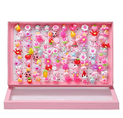 Wodasi 100 Stück Mädchen Ringe mit Box, Ringe für Kinder, Cartoon Kinderringe Candy Flower Tierform Ring Set Für Kinder, Ring für Kinder Blumen Schmetterling Ring, Kinderringe Mädchen, Zufälliger Stil