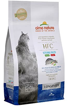 Almo Nature HFC Longevity Sterilisiertes Seebarsch und Seebrassen Komplett-Trockenfutter für Senioren, Neuteured Katzen mit 100% HFC Frischebarsch und Meeresbrassen - 1,2 kg Sack