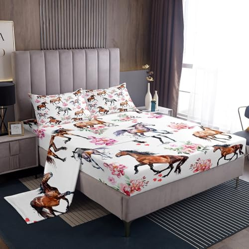 Erosebridal Horse Bed Sheets Set for Girls - Pink Horse Rose Sheet Set Full - Farmhouse Sheets for Cabin Lodge - Western Cowboy Cowgirl Flat Fitted Sheet with 2 Pillowcases Deep Pockets