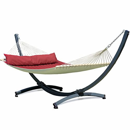 Potenza Outdoor Hängematte mit Tytan Gestell für 2 Personen I Panama - Stabhängematte XXL 210x140, 200kg I Hängemattengestell 350kg Wetterfest (Rot, Basic Gestell Graphit)