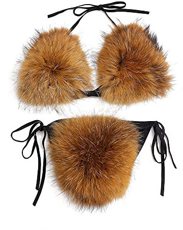ZOSCGJMY Damen Flauschige Künstliche Fell Pelz Bikini Set Triangel Bikini Zweiteiliger Badeanzug (Braun)