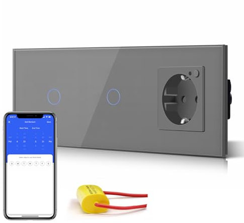BSEED Interruptor de Luz Táctil WiFi Inteligente,Panel de Cristal,Compatible con Alexa, Smart Life y Tuya (No Necesita Cable Neutro),2 * 1 Gang con 1 WIFI Enchufe,228mm Gris
