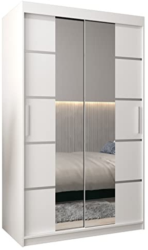 MEBLE KRYSPOL Verona 4 120 Schlafzimmerschrank Zwei Schiebetüren Kleiderschrank mit Spiegel Schiebetürenschrank Schrank mit Spiegel Kleiderstange und Regalen – 120x200x62cm - Mattweiß