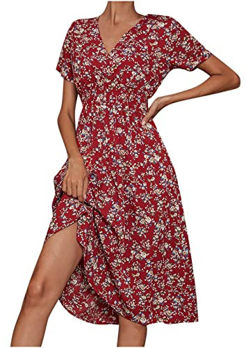 AMhomely Women's Casual Floral Print Off Shoulder Mid-Calf Dress - UK Size Sale Work Office Plus Size Wedding Guest Dress