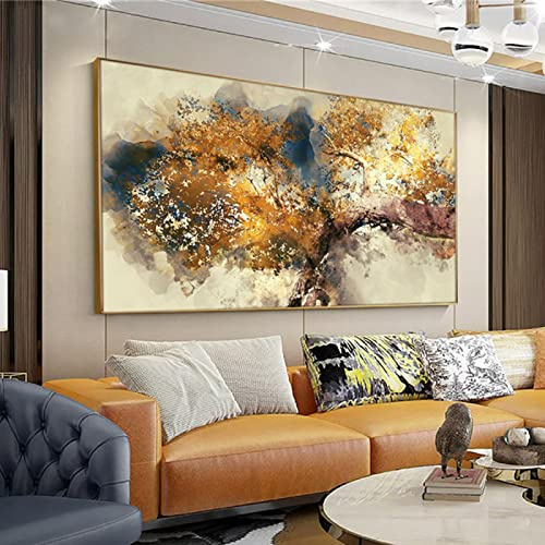 HOLEILUCK Große abstrakte Ölgemälde auf Leinwand, goldbraun, Ast, Bilder für Wohnzimmer, Schlafzimmer, Wandkunst, Zuhause, 70 x 160 cm (27,56 x 62,99 Zoll) mit Rahmen