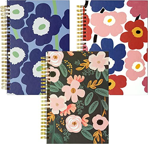 YOOMONA 3 Stück Liniert Spiral Notizbuch, A5 Blumen Spiralblock Reisetagebuch Skizzenbuch Tagebücher Notizblock Set,14 x 21 cm,75 Blatt,100 g/m²Papier