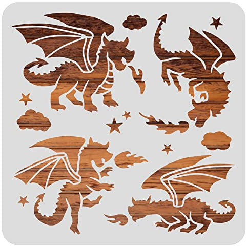 BENECREAT 30x30 cm Drachen-Kunststoffschablone, Mittelalterliche Drachenschablone, Fantasy-Thema, Malvorlage Für Tagebuch, Sammelalbum, DIY-Handwerk, Wandbodendekoration