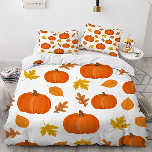 Kinderbettwäsche 135x200 Kürbis Herbst 3d Druck Bettbezüge Weich Pflegeleicht Bettwäsche-Sets Das Erntedankfest Mikrofaser Bettbezug mit Reißverschluss und 2 Kissenbezug 80x80 für Jungen Mädchen