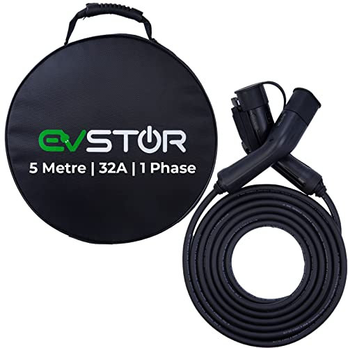 EVSTOR EV/Electric Vehicle Charging Cable | Type 1 to Type 2 | 5 metre | 32 Amp | Single Phase | 7.6KW | J1772 to IEC 62196-2 | Mode 3 | FREE Carry Bag (5 metre)