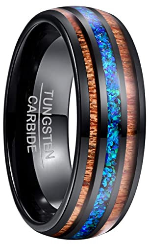NUNCAD Schwarzer Ringe Herren/Damen Wolfram Ring Breit 8 mm mit Blau Opal und Koaholz zum Mosaik Verlobungsringe Holzring für Männer