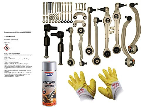 ATEC Germany 4x Querlenker Vorderachse oben vorne & hinten, 4x Querlenker Vorderachse unten hinten & vorne, 2x Koppelstange, 2x Spurstangenköpfe, 1x Arbeitshandschuhe, 1x Rostlöser