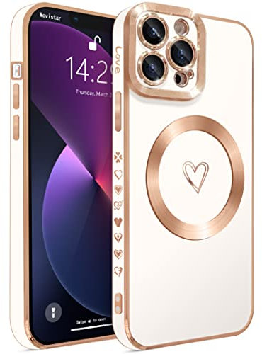 ECZOIL Compatible with iPhone 13 Pro Case MagSafe,Full Camera Lens Protection Luxury Electroplated Cute Heart Magnetic Case for iPhone 13 Pro for Women Girls-White