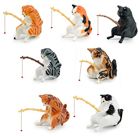 Valicaer 7PCS Katzenangel Ornamente für Aquarium Katze Angeln Ornamente Cartoon Katzenangeln Statue Personalisierte Katze Angeln Kleine Ornamente Geschenk Katze Angeln Ornamente