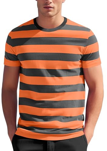 Zengjo Striped T Shirts for Men Short Sleeve(Orange Graphite,L)