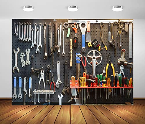 BELECO 2.1x1.5m Stoff-Werkstatt-Werkzeug-Hintergrund, Garagen-Mechaniker-Hintergrund für Fotografie, Fahrrad, Autoreparatur-Werkzeuge, Mechaniker-Hintergrund, Mechaniker-Party-Dekorationen