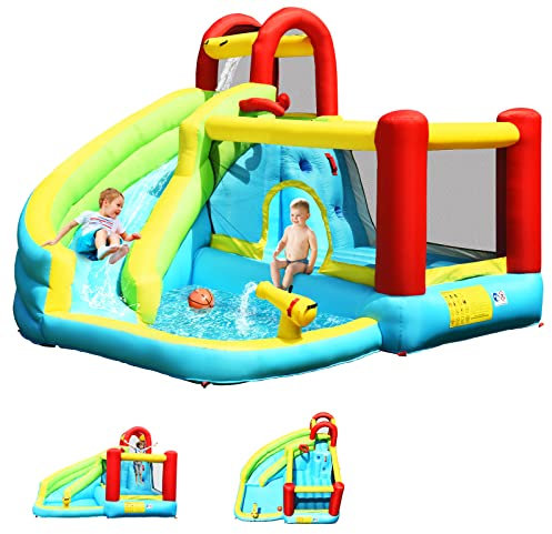 GOPLUS Château Gonflable Aquatique avec Souffleur avec Piscine,Pistolet d’Eau Toboggan Aquatique pour Enfants 3-10 Ans (Bleu, sans Souffleur)