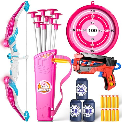 Doloowee Pfeil und Bogen Kinder, Bogenschießen Kinder mit LED-Leuchten, Bogenschießsetspielzeug Draußen Outdoor Garten Spielzeug Kinder ab 4 Jahre(rosa)