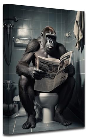 CXHOSTENT Lustige Gorilla Badezimmer Leinwand Wandbilder Affe der Zeitungen auf der Toilette liest Bilder Tier Poster Toiletten Dekoration (D, 40.00 x 60.00 cms)